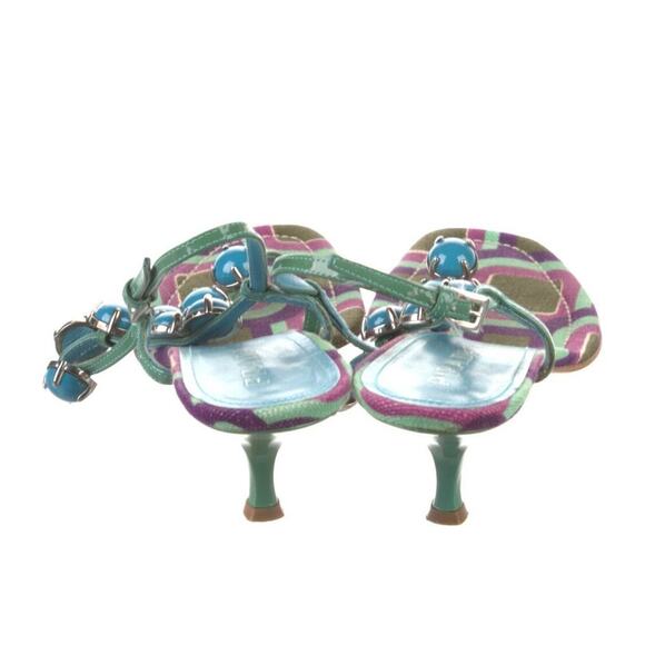 Vintage Prada Sandals T-Strap Kitten Heels Mules Jewel Accents Pattern Y2k 40 - Picture 3 of 6